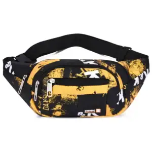A colorful sling bag with a black and yellow graffiti design and multiple zippers.