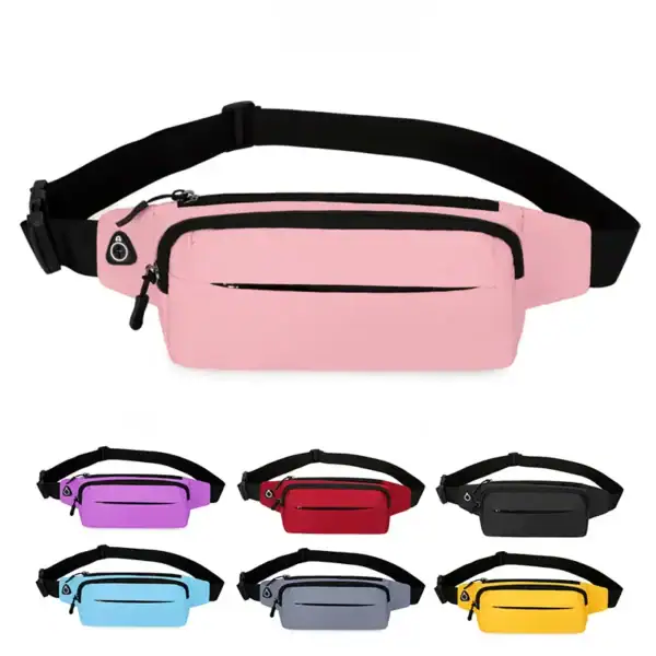 A collection of colorful waist bags with a central pink bag and variations in purple, red, black, blue, grey, and yellow.