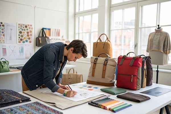 A designer is focused on creating bag designs. He is seated at a table, sketching on paper. Around him, there are various bag samples, color swatches, and design materials, with a well - lit studio and fashion - related items in the background, providing an inspiring environment for his creative work.