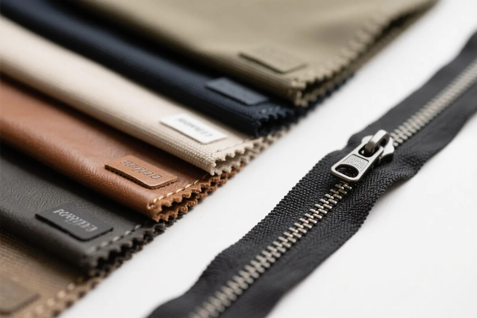 Close-up image of several fabric swatches in different colors, each with a label, lined up next to a partially open black zipper on a white background.