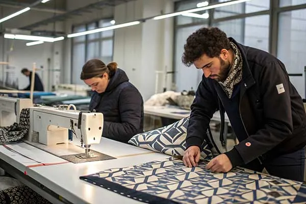 Two designer's hands working on a bag