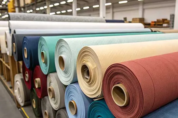 A collection of fabric rolls in various colors stacked in a warehouse.