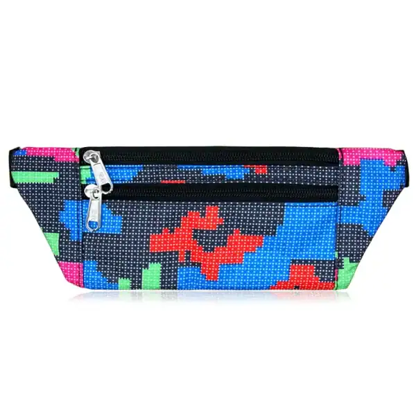 A colorful fanny pack with a pixel-like abstract pattern in red, blue, green, and pink, featuring two zippers.