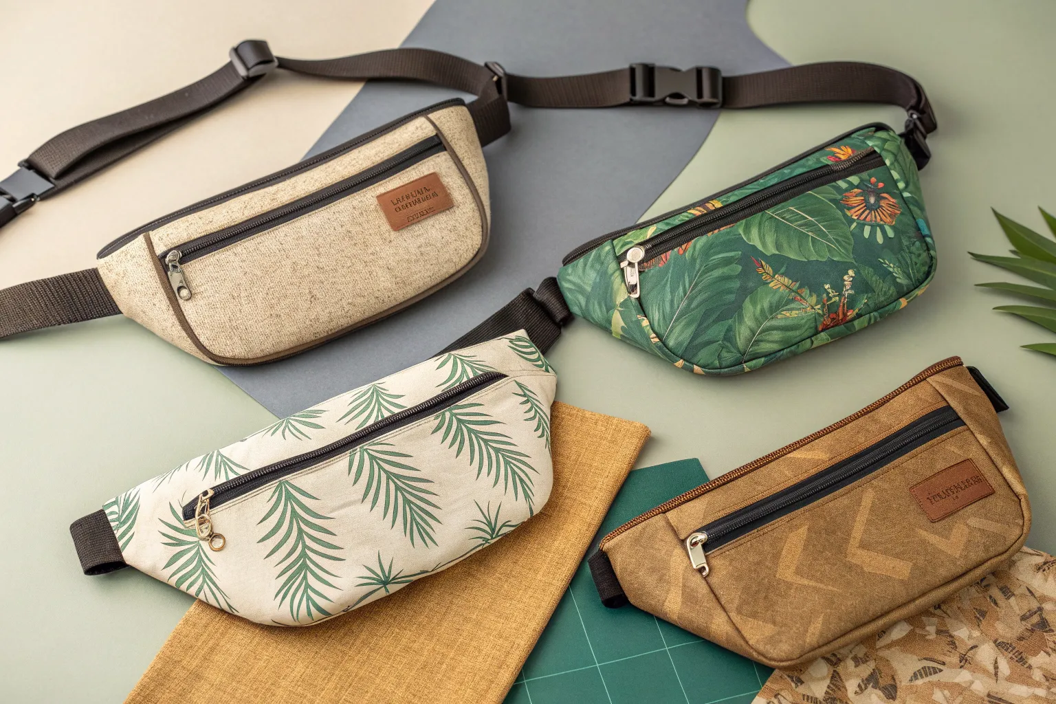 Four assorted fanny packs with different designs including plain beige, tropical leaves, palm leaves, and brown zigzag pattern, arranged on a multicolored surface with fabric samples.