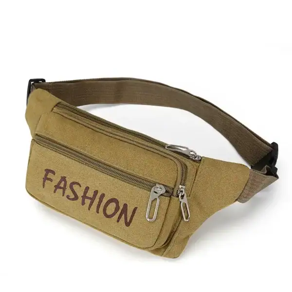 A tan-colored waist bag with the word 'FASHION' printed on it and multiple zippers, designed for casual use.