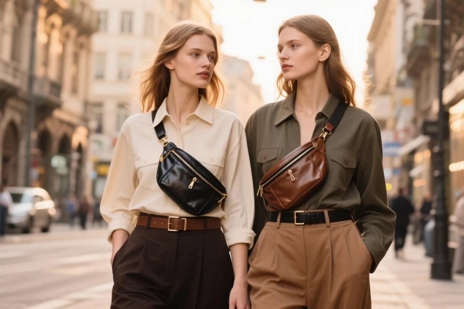 Two stylish women walking on a city street wearing button-up shirts, high-waisted trousers, and sling bags.