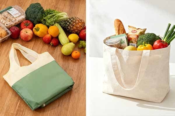 Left: A foldable bag with fresh fruits and vegetables around it. Right: A canvas bag filled with groceries.