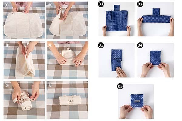 Steps showing how to fold canvas and rpet bags respectively, with differences in their final folded sizes.