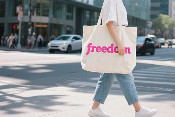 A person walking on a city street, carrying a custom tote bag with a raised puff print logo.