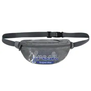 Grayish blue waist bag with 'fresh' written on it and adjustable strap
