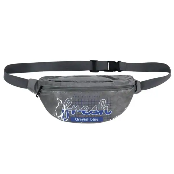 Grayish blue waist bag with 'fresh' written on it and adjustable strap