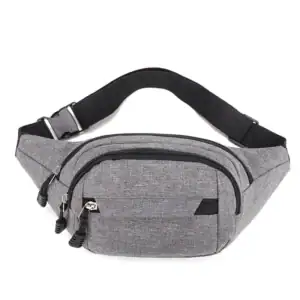 A gray waist bag with black zippers and an adjustable strap