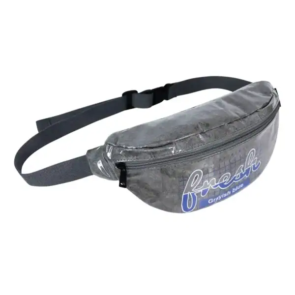 A gray fanny pack with the text 'fresh Gryish blue' printed on it.
