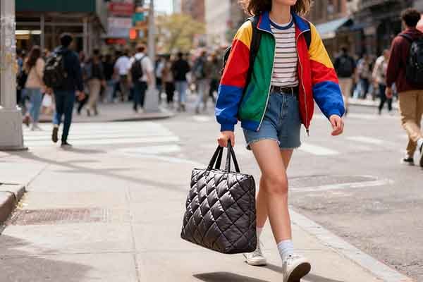 A person carrying a large quilted puffy bag walks on a busy city street.