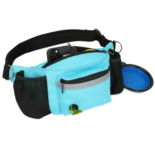 A light blue dog treat pouch with multiple pockets, featuring a black belt, and holding a collapsible blue bowl and a smartphone.