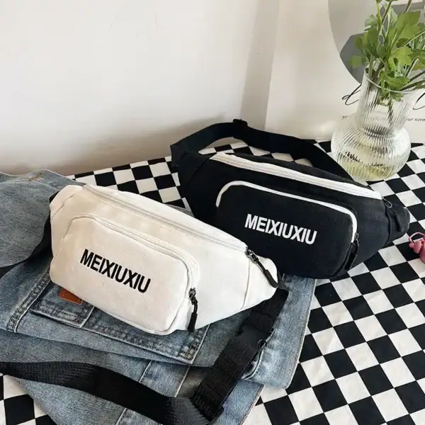 Two Meixiuxiu waist bags, one white and one black, displayed on a checkered cloth with a denim jacket underneath.