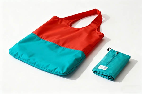 A nylon foldable bag in red and turquoise, with its folded compact form beside it.