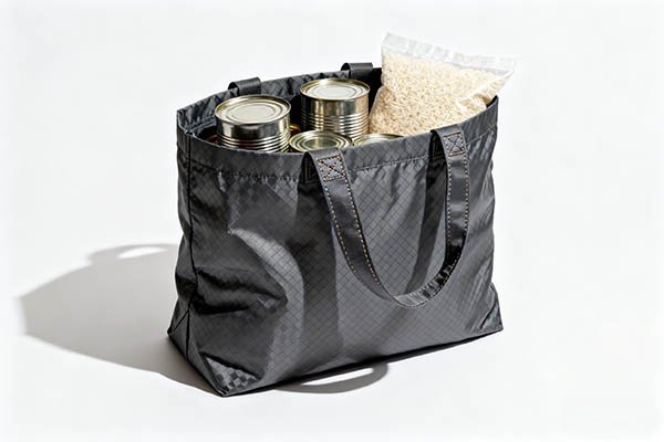 A black nylon foldable bag filled with cans and other items
