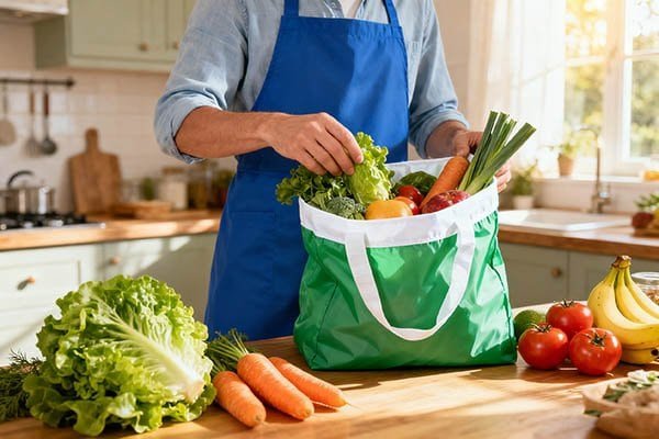 A person taking groceries out of a green nylon foldable bag in a kitchen, with various fresh vegetables and fruits around.