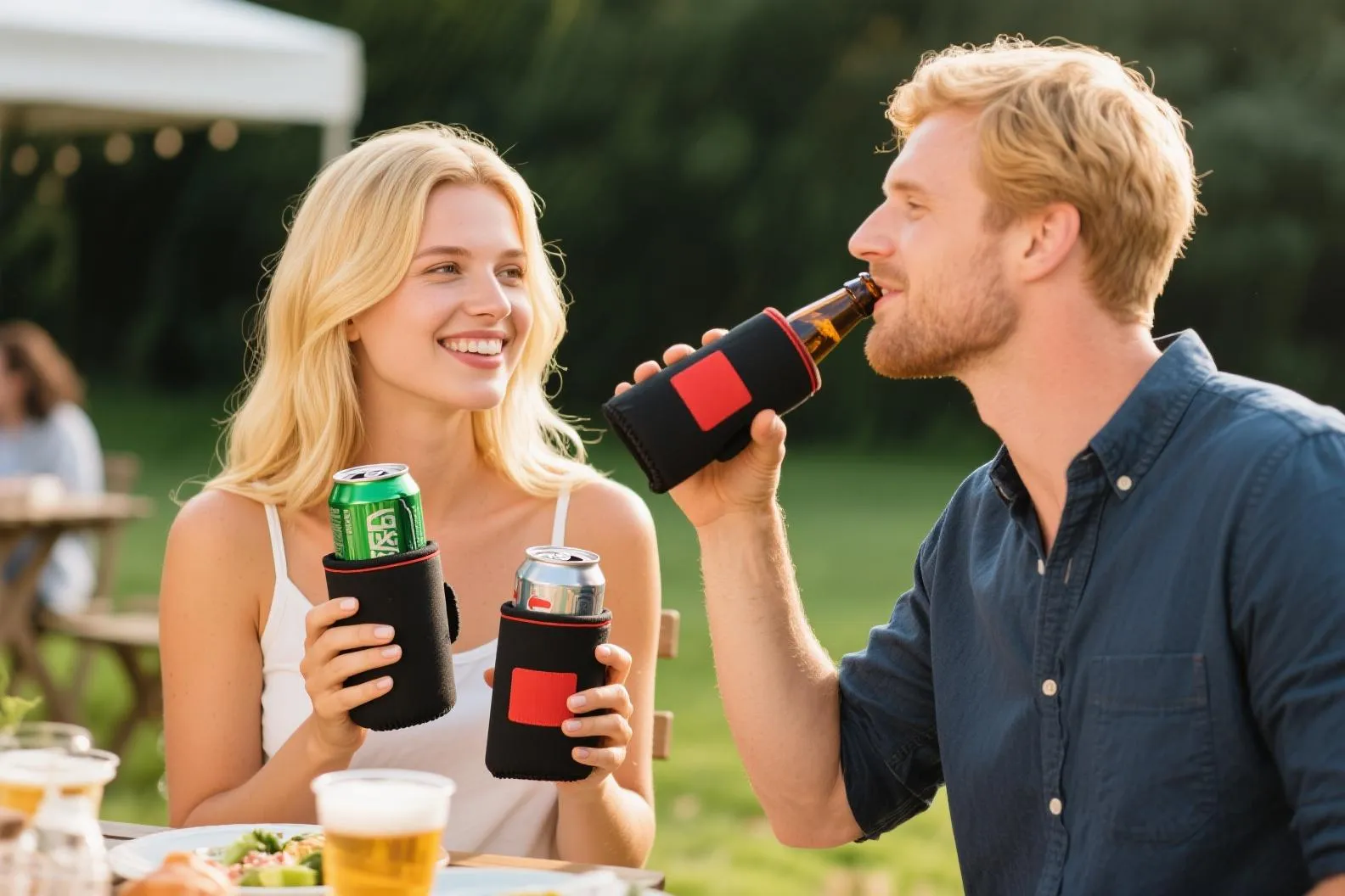 Two people enjoying drinks outdoors with insulated can holders.