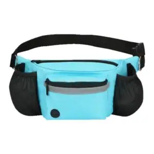 A blue and black pet waste bag waist belt with multiple compartments and a black adjustable strap.