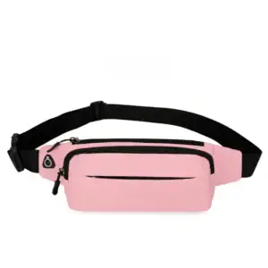 A pink belt bag with a black adjustable strap and multiple zippered compartments.