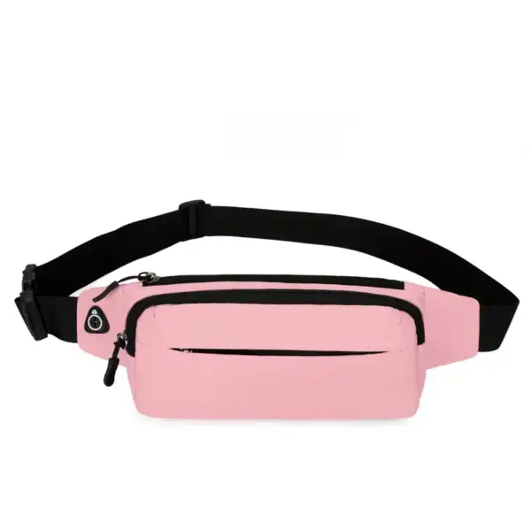 A pink belt bag with a black adjustable strap and multiple zippered compartments.