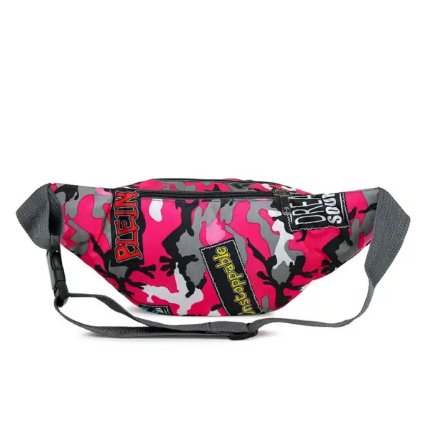A stylish pink and gray camouflage waist bag with graphic patches and a black adjustable strap.