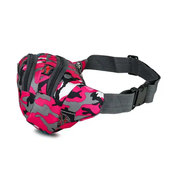Pink and black camouflage fanny pack with black adjustable strap and multiple zippers.