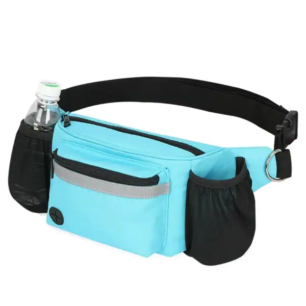 A blue and black waist bag designed for trail walks with compartments for water bottles.