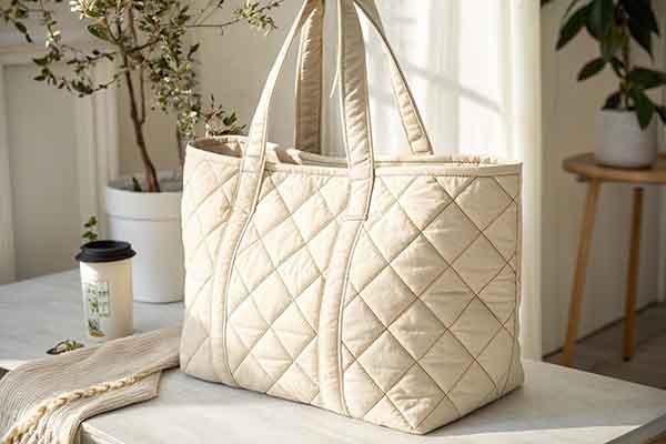 A beige quilted puffy bag with wide handles, placed in a bright indoor setting with plants and a cup around.