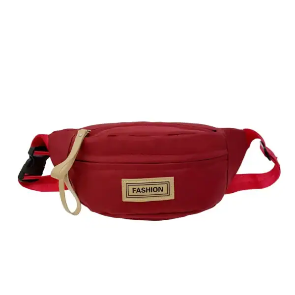 A red waist bag with a front pocket labeled 'Fashion'.