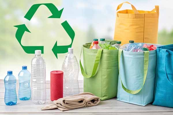 Several reusable bags (made of RPET) in different colors, along with plastic bottles and a recycling symbol, illustrating eco - friendly and recyclable concepts.