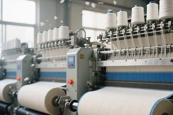 A textile machine weaving threads together