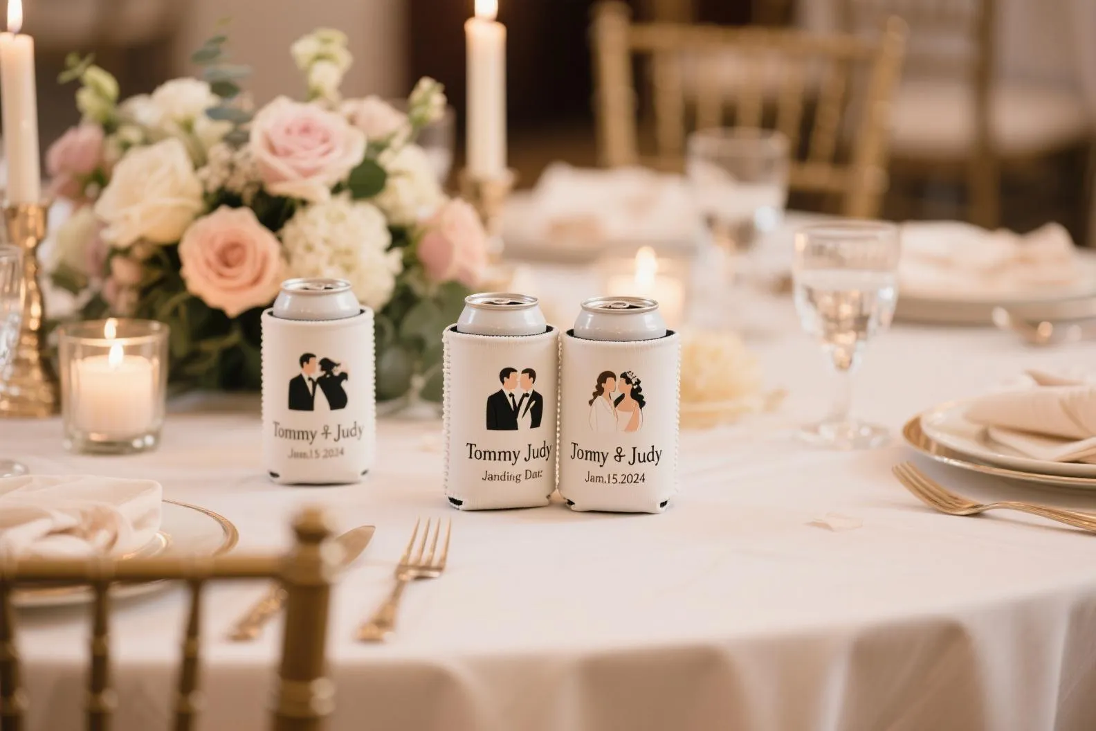A wedding table setting featuring personalized beverage can holders with "Tommy & Judy" and a date, surrounded by elegant décor including flowers, candles, and finely set dinnerware.