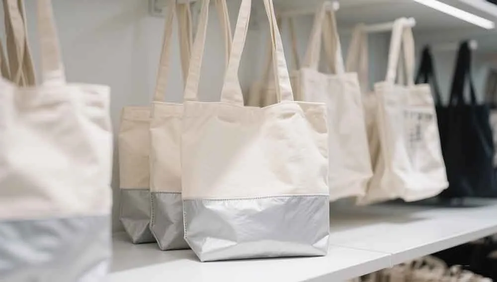 Several tote bags displayed on a shelf, featuring a canvas upper half and a tyvek low half