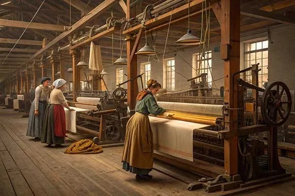 Women working in a  textile mill, operating looms with large spools of fabric, and a long row of weaving machines.