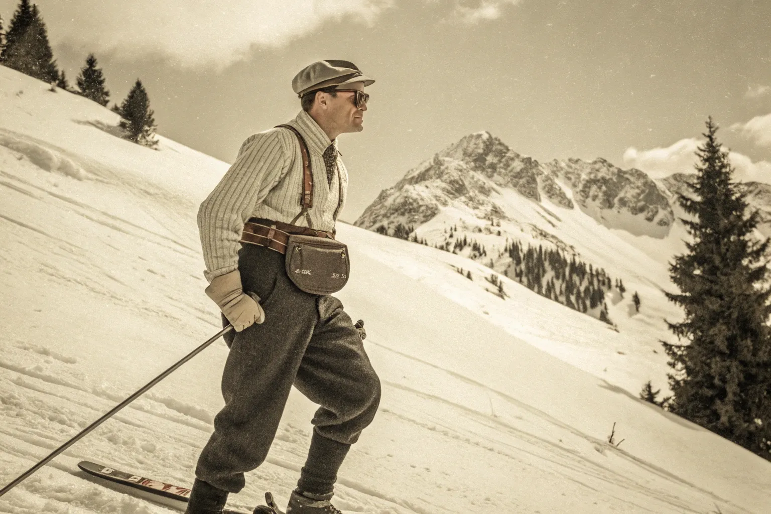 A man dressed in vintage ski attire skiing down a snowy slope with mountains and trees in the background.