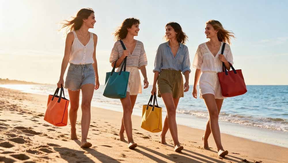Four women walking on the beach, each carrying different colored neoprene tote bags, with the sea and sunlight in the background.