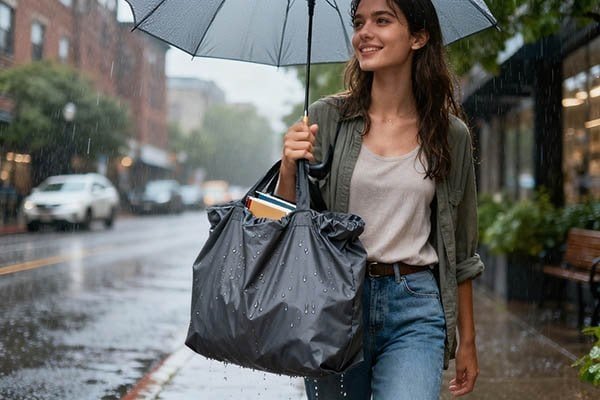 A woman carrying a waterproof nylon bag walks with an umbrella on a rainy street.