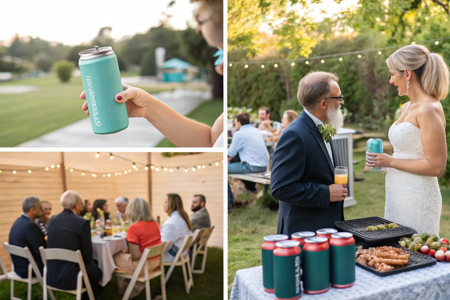 Collage of three images showing a person holding a teal drink container, a group of people seated at a dinner table with string lights, and a couple talking near a table with snacks and beverages outdoors.