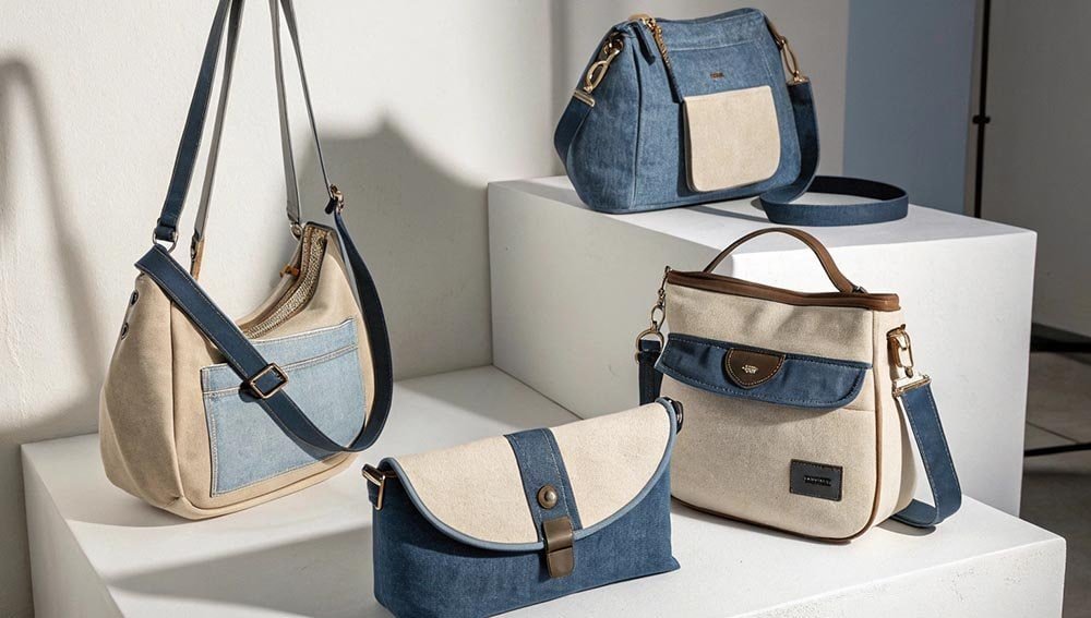Different styles of canvas bags displayed on white platforms