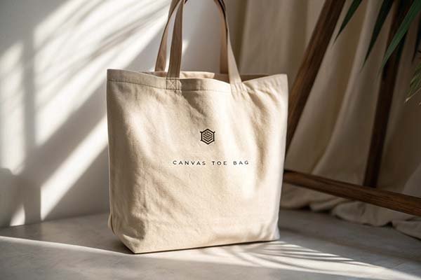 Close-up of a high-quality screen print logo on a heavy-duty canvas tote bag.