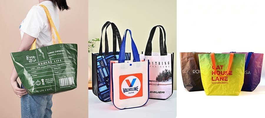 Three types of laminated bags: a shopping bag , exhibition promotional bags , and gift packaging bags .