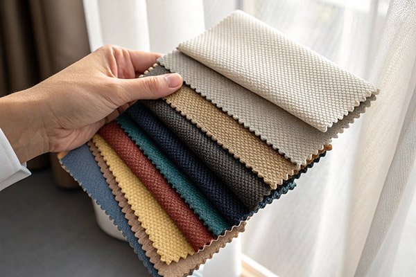 A hand holding a stack of polyester fabric swatches in various colors, showing different thicknesses to illustrate how to choose the right polyester thickness.