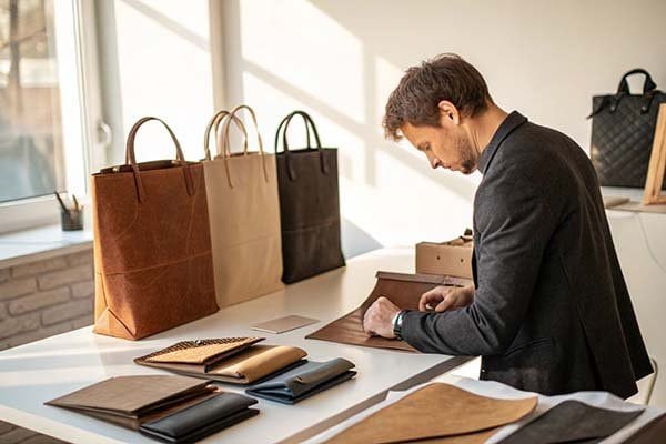 A man in a suit crafting laminated washable kraft paper bags, with various such bags displayed on a table in a bright room.