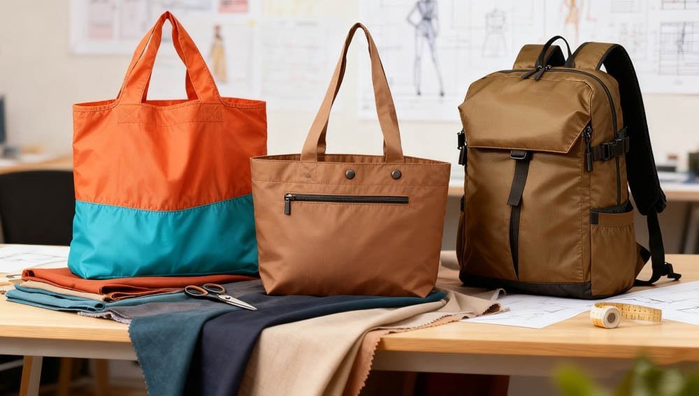 A workspace scene with three bags made of polyester (an orange and turquoise tote, a brown tote, and a brown backpack) placed on a table, along with fabric swatches, scissors, and a measuring tape, indicating a bag design or production setting.