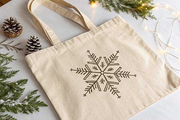 Reusable canvas tote bag for Christmas with a minimalist snowflake design