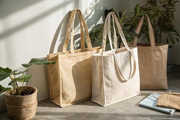 A stack of canvas, cotton, and jute tote bags