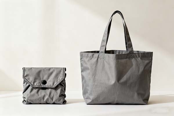 A set of gray foldable shopping bags, featuring a compact folded pouch and an expanded tote bag, designed for eco-friendly, space-saving convenience in daily use or as a practical gift.